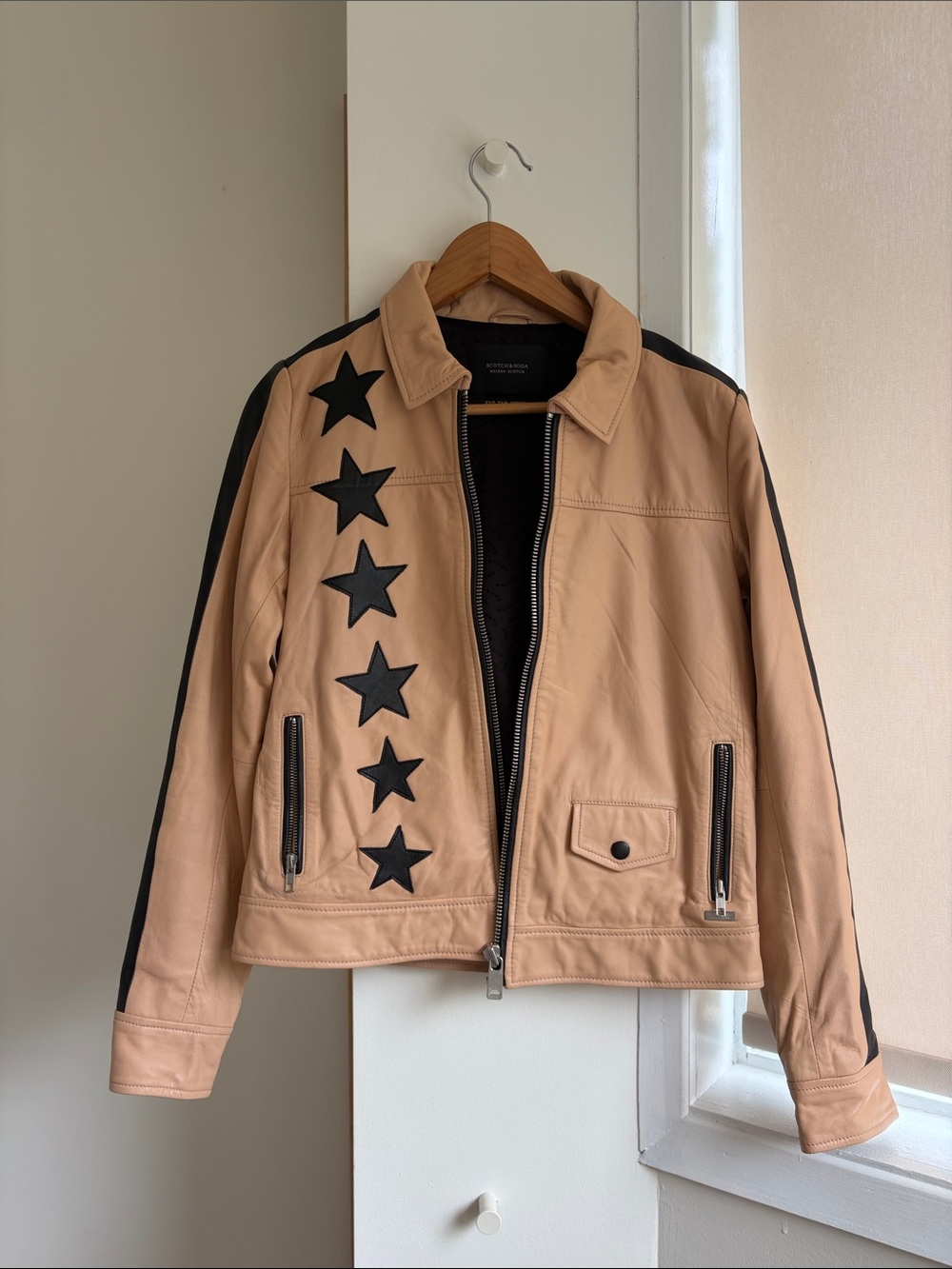 Scotch & Soda Tan Leather Jacket with Black Star Details